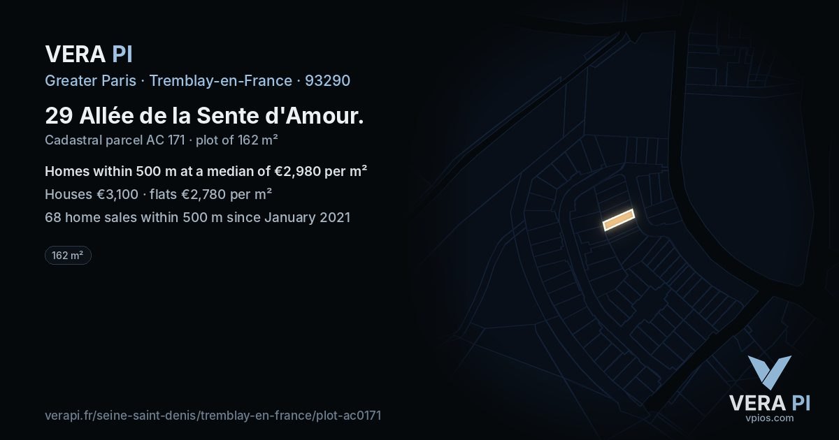29 Allée de la Sente d'Amour, Tremblay-en-France at night – the plot lit, the parcels around coloured by the prices near them
