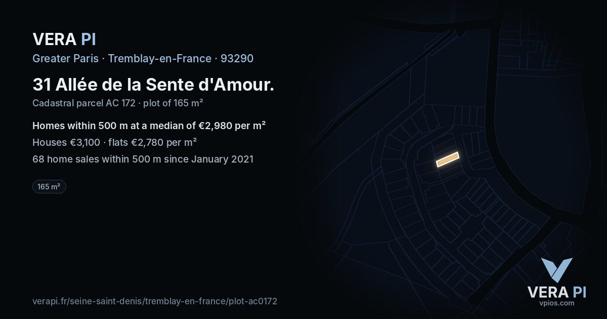 31 Allée de la Sente d'Amour, Tremblay-en-France at night – the plot lit, the parcels around coloured by the prices near them