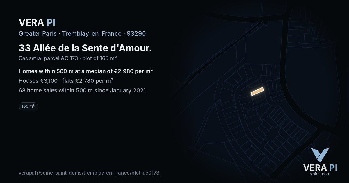 33 Allée de la Sente d'Amour, Tremblay-en-France at night – the plot lit, the parcels around coloured by the prices near them