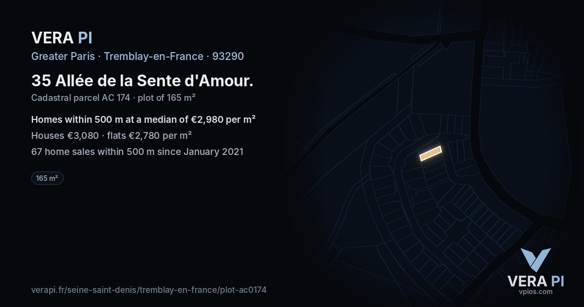 35 Allée de la Sente d'Amour, Tremblay-en-France at night – the plot lit, the parcels around coloured by the prices near them