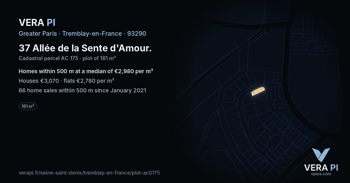 37 Allée de la Sente d'Amour, Tremblay-en-France at night – the plot lit, the parcels around coloured by the prices near them