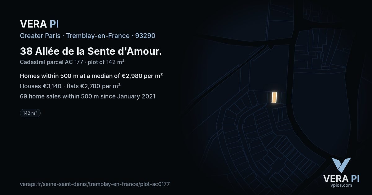 38 Allée de la Sente d'Amour, Tremblay-en-France at night – the plot lit, the parcels around coloured by the prices near them