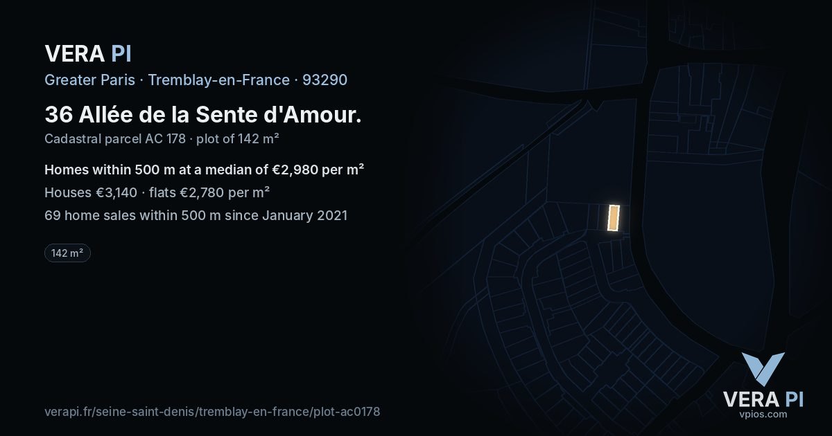 36 Allée de la Sente d'Amour, Tremblay-en-France at night – the plot lit, the parcels around coloured by the prices near them