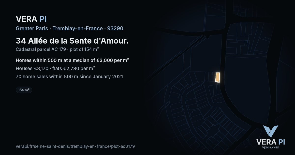 34 Allée de la Sente d'Amour, Tremblay-en-France at night – the plot lit, the parcels around coloured by the prices near them