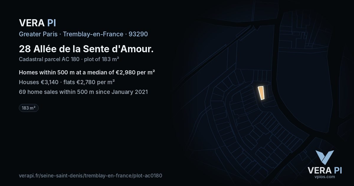 28 Allée de la Sente d'Amour, Tremblay-en-France at night – the plot lit, the parcels around coloured by the prices near them