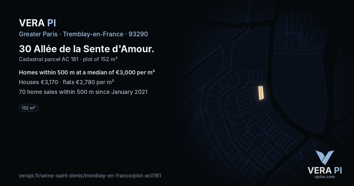 30 Allée de la Sente d'Amour, Tremblay-en-France at night – the plot lit, the parcels around coloured by the prices near them
