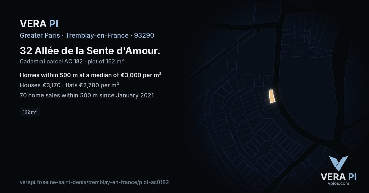32 Allée de la Sente d'Amour, Tremblay-en-France at night – the plot lit, the parcels around coloured by the prices near them