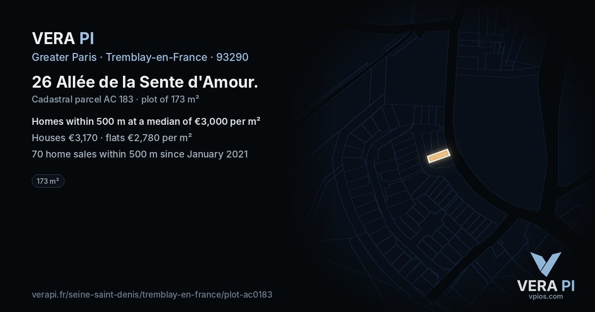26 Allée de la Sente d'Amour, Tremblay-en-France at night – the plot lit, the parcels around coloured by the prices near them
