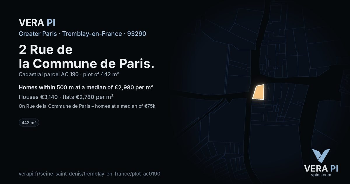2 Rue de la Commune de Paris, Tremblay-en-France at night – the plot lit, the parcels around coloured by the prices near them