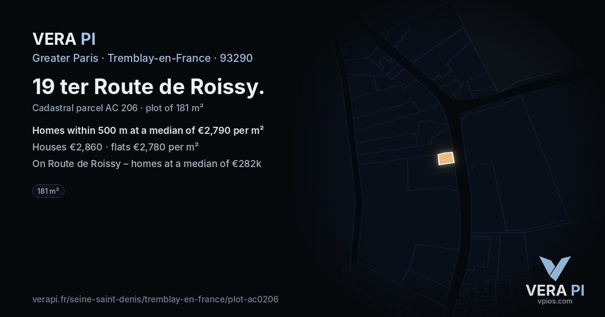 19 ter Route de Roissy, Tremblay-en-France at night – the plot lit, the parcels around coloured by the prices near them
