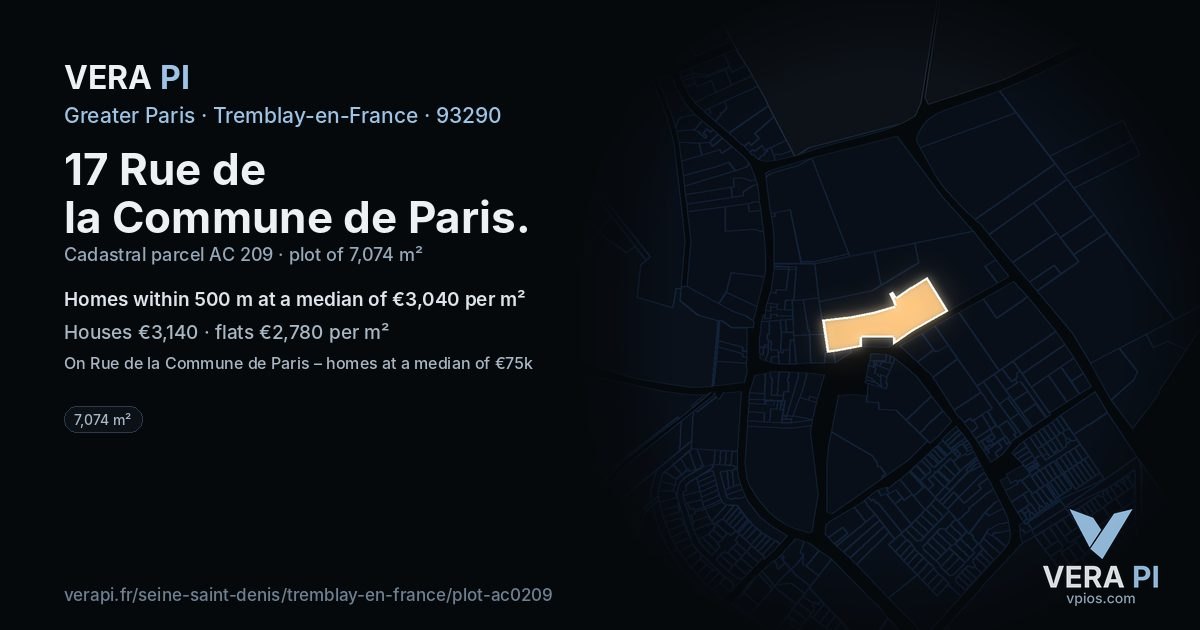 17 Rue de la Commune de Paris, Tremblay-en-France at night – the plot lit, the parcels around coloured by the prices near them