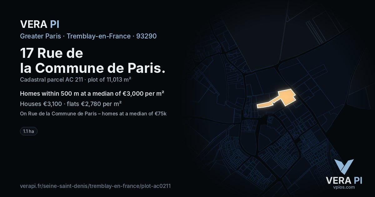 17 Rue de la Commune de Paris, Tremblay-en-France at night – the plot lit, the parcels around coloured by the prices near them