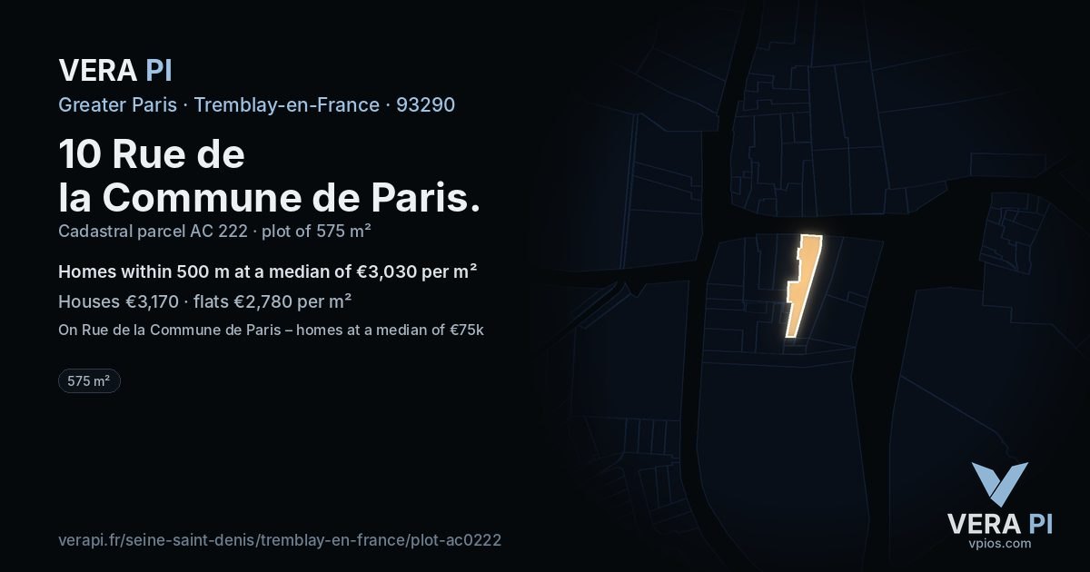 10 Rue de la Commune de Paris, Tremblay-en-France at night – the plot lit, the parcels around coloured by the prices near them