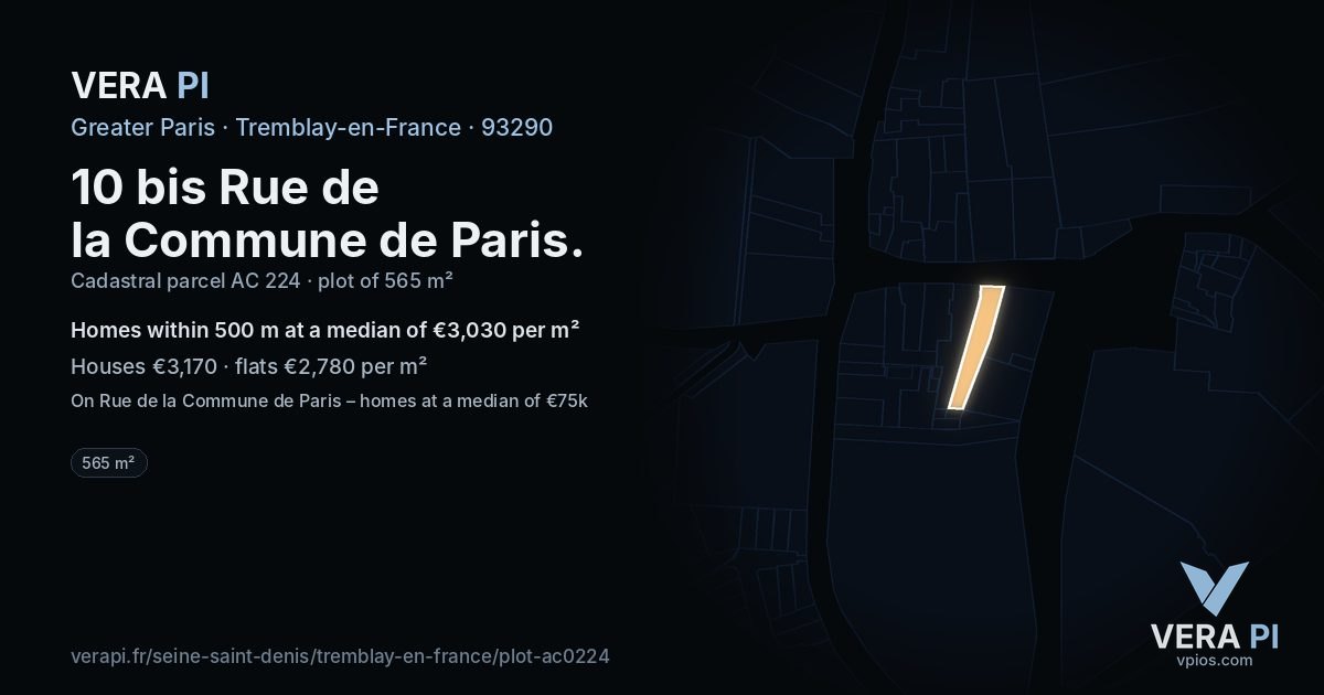 10 bis Rue de la Commune de Paris, Tremblay-en-France at night – the plot lit, the parcels around coloured by the prices near them