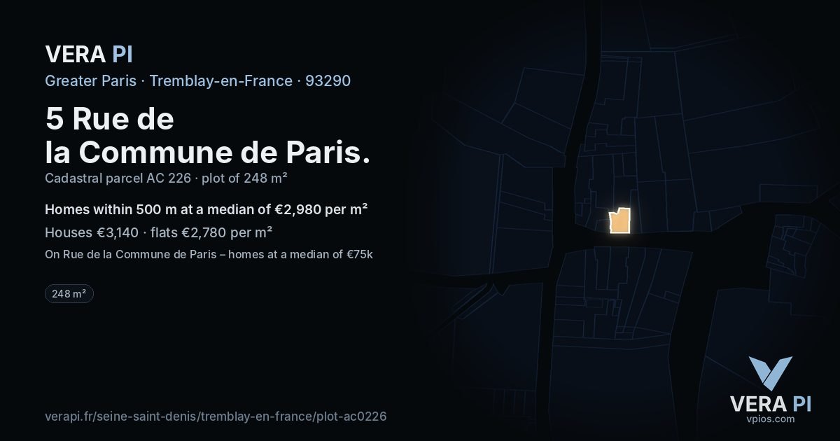 5 Rue de la Commune de Paris, Tremblay-en-France at night – the plot lit, the parcels around coloured by the prices near them