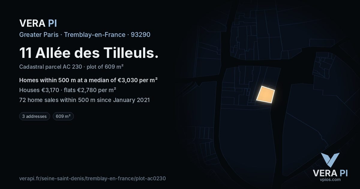 11 Allée des Tilleuls, Tremblay-en-France at night – the plot lit, the parcels around coloured by the prices near them