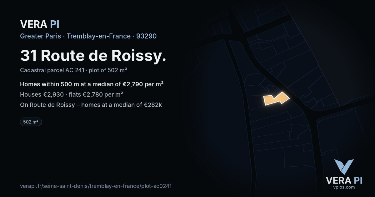31 Route de Roissy, Tremblay-en-France at night – the plot lit, the parcels around coloured by the prices near them