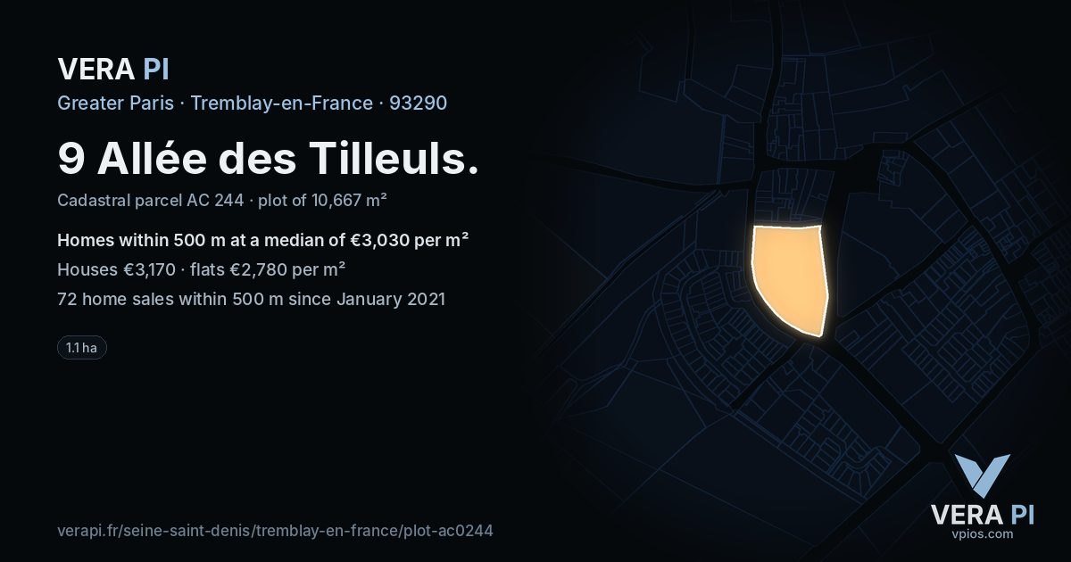 9 Allée des Tilleuls, Tremblay-en-France at night – the plot lit, the parcels around coloured by the prices near them