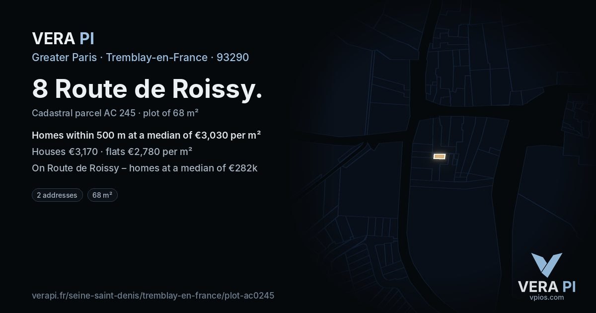 8 Route de Roissy, Tremblay-en-France at night – the plot lit, the parcels around coloured by the prices near them