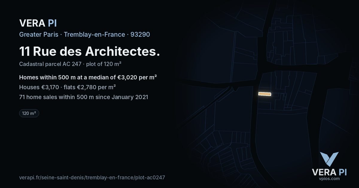 11 Rue des Architectes, Tremblay-en-France at night – the plot lit, the parcels around coloured by the prices near them