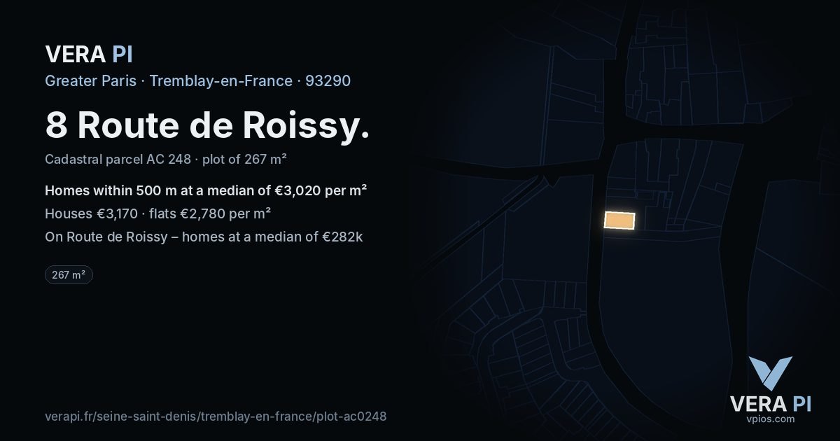 8 Route de Roissy, Tremblay-en-France at night – the plot lit, the parcels around coloured by the prices near them