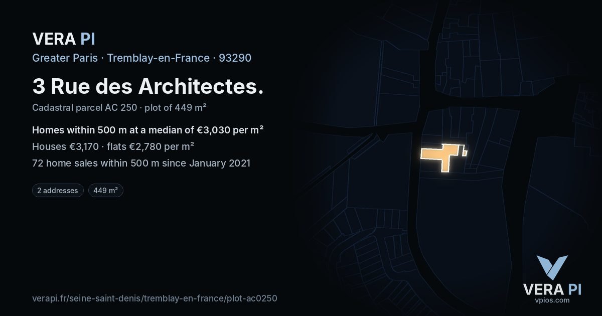 3 Rue des Architectes, Tremblay-en-France at night – the plot lit, the parcels around coloured by the prices near them