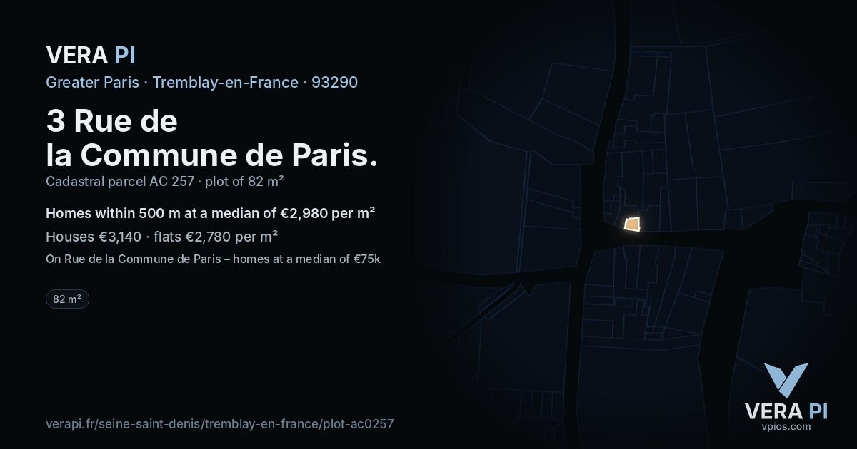 3 Rue de la Commune de Paris, Tremblay-en-France at night – the plot lit, the parcels around coloured by the prices near them