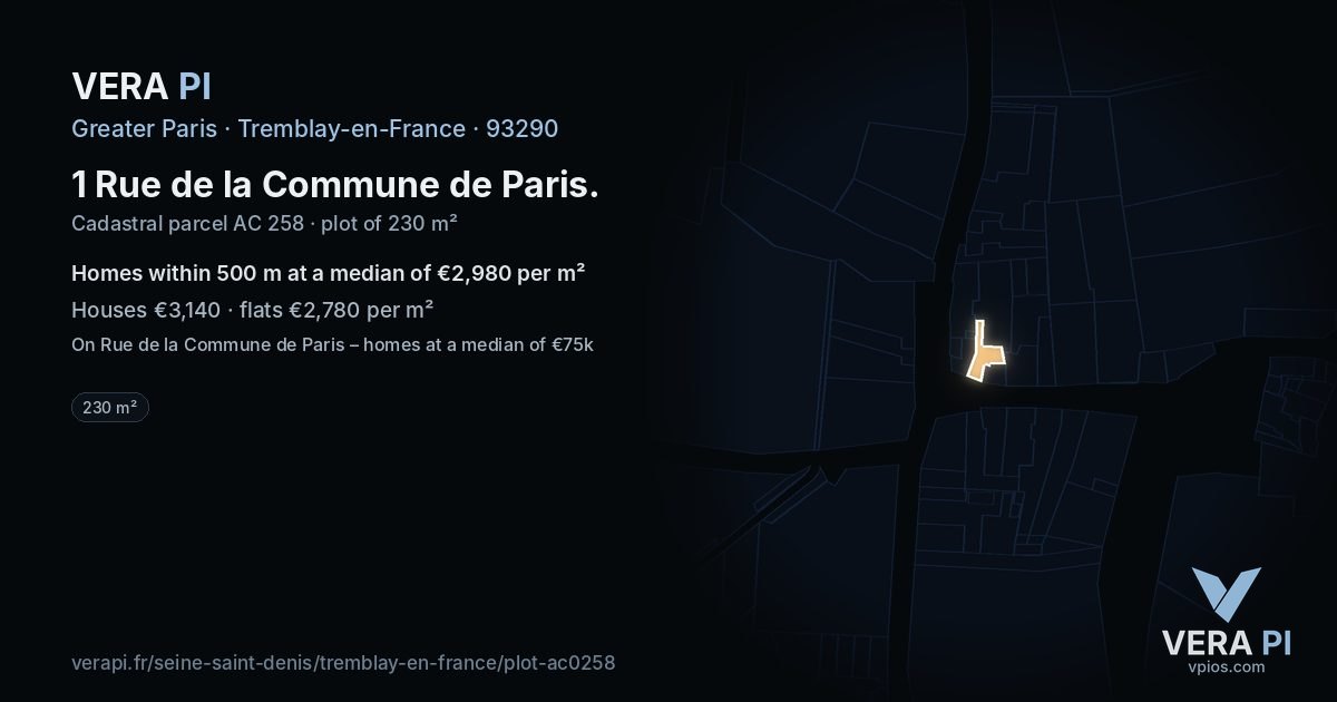 1 Rue de la Commune de Paris, Tremblay-en-France at night – the plot lit, the parcels around coloured by the prices near them