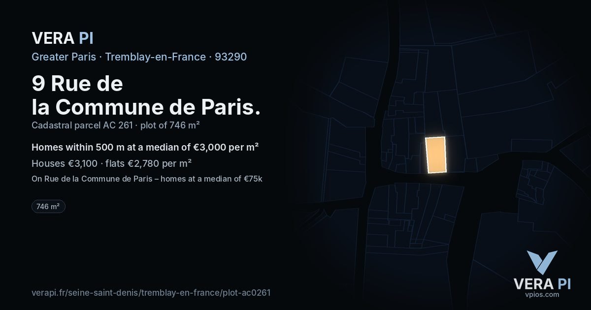 9 Rue de la Commune de Paris, Tremblay-en-France at night – the plot lit, the parcels around coloured by the prices near them