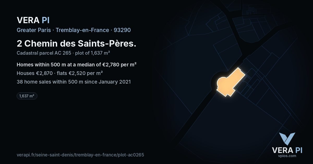 2 Chemin des Saints-Pères, Tremblay-en-France at night – the plot lit, the parcels around coloured by the prices near them