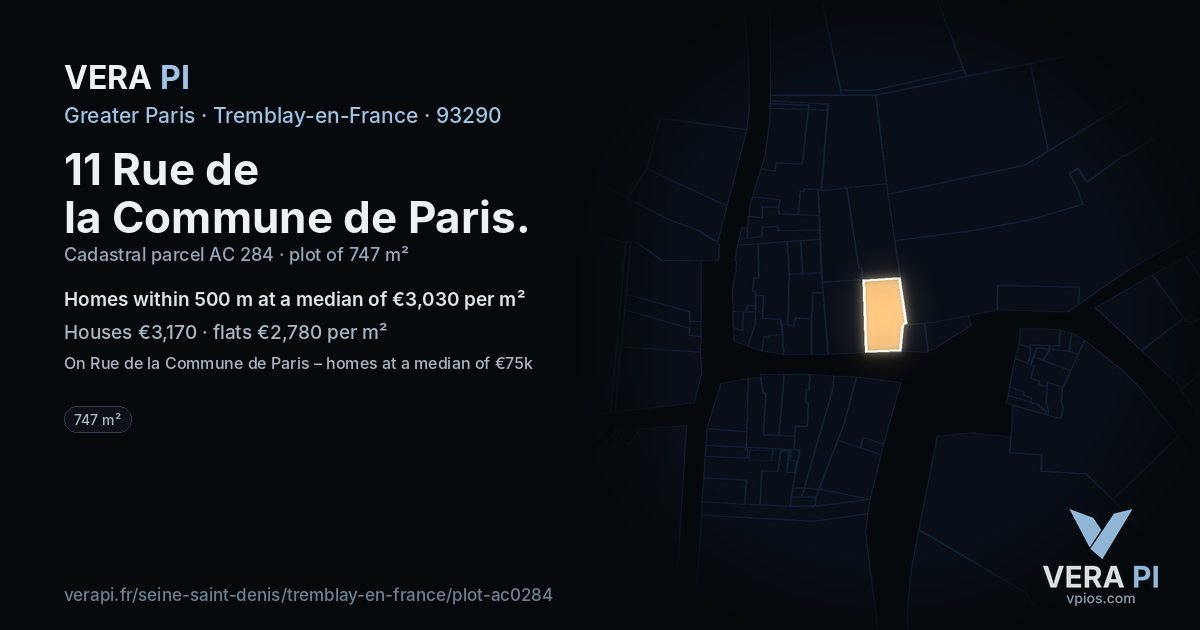 11 Rue de la Commune de Paris, Tremblay-en-France at night – the plot lit, the parcels around coloured by the prices near them