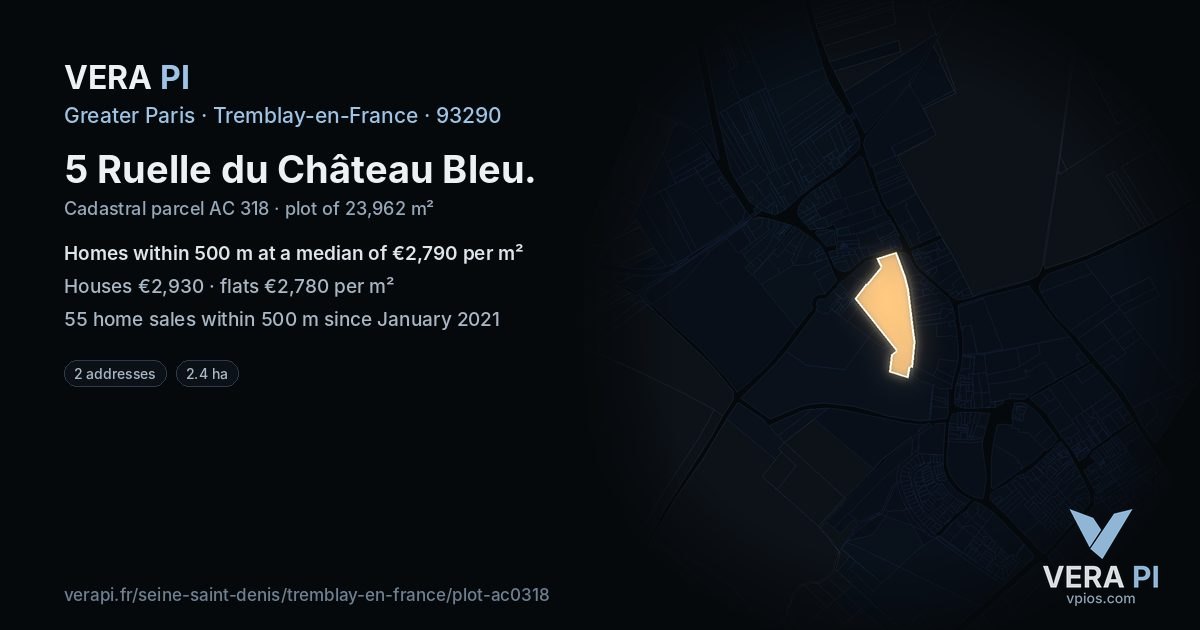 5 Ruelle du Château Bleu, Tremblay-en-France at night – the plot lit, the parcels around coloured by the prices near them