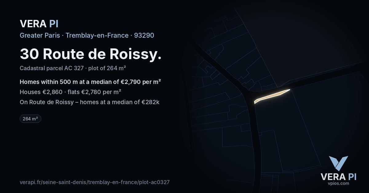 30 Route de Roissy, Tremblay-en-France at night – the plot lit, the parcels around coloured by the prices near them