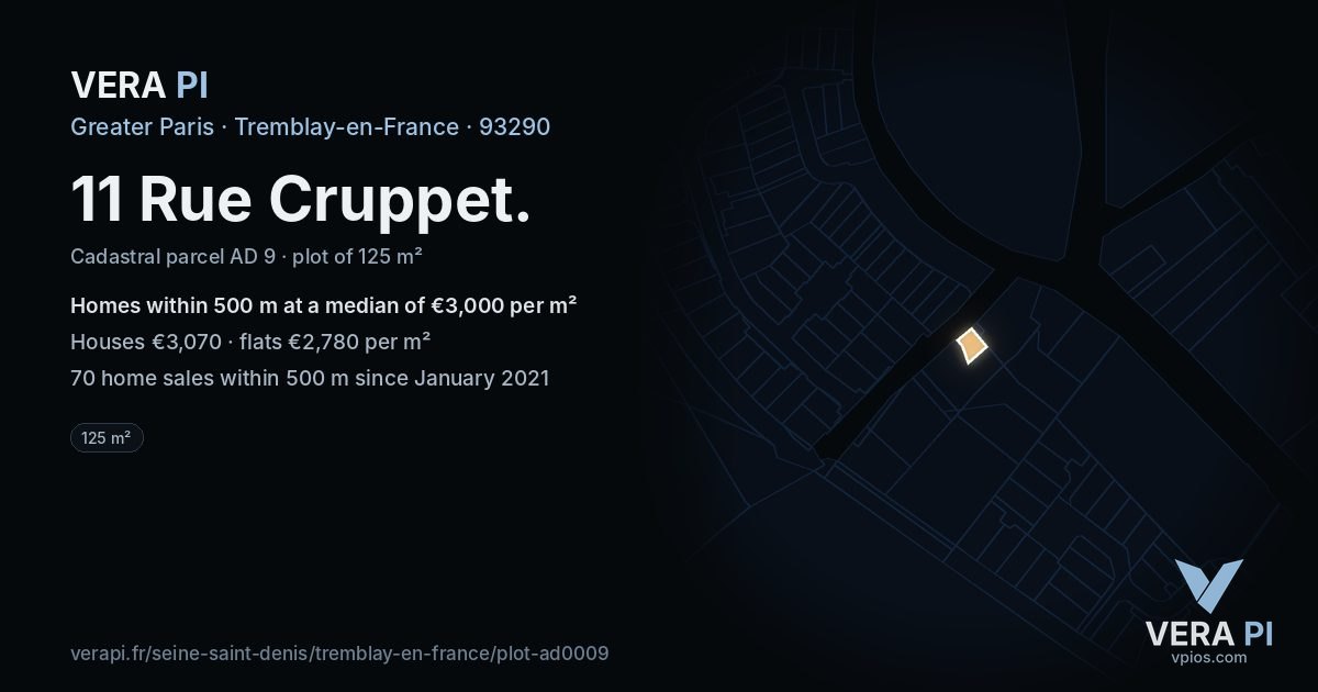 11 Rue Cruppet, Tremblay-en-France at night – the plot lit, the parcels around coloured by the prices near them