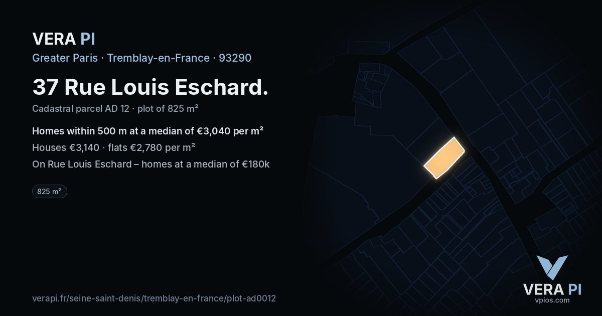 37 Rue Louis Eschard, Tremblay-en-France at night – the plot lit, the parcels around coloured by the prices near them