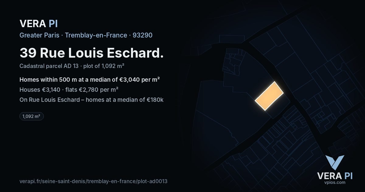 39 Rue Louis Eschard, Tremblay-en-France at night – the plot lit, the parcels around coloured by the prices near them