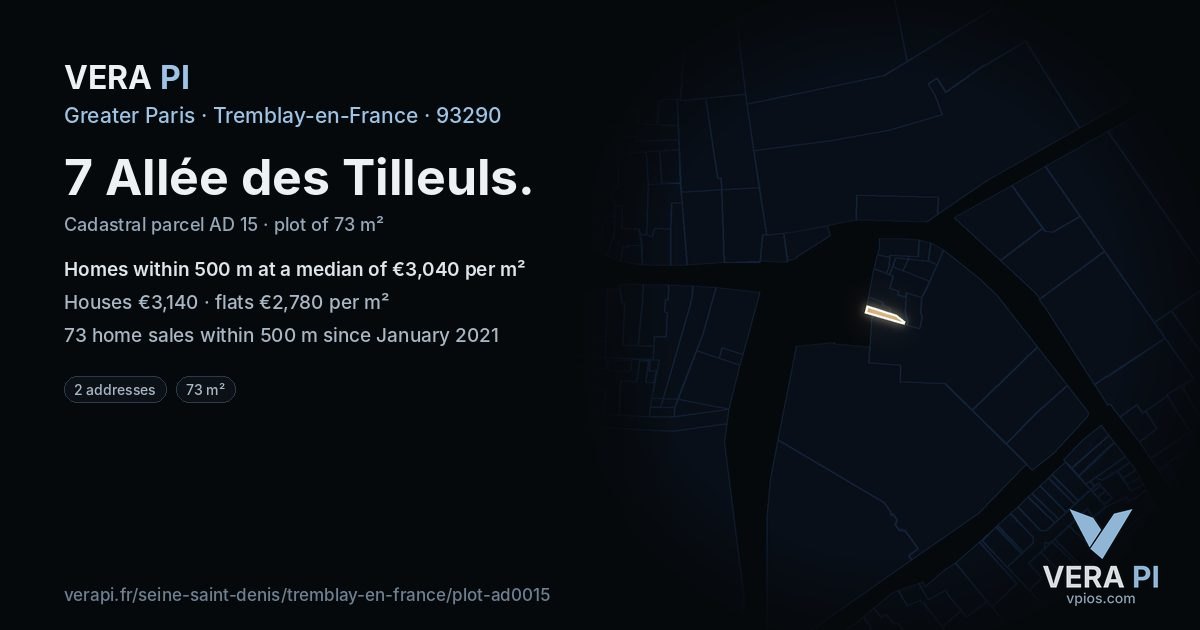 7 Allée des Tilleuls, Tremblay-en-France at night – the plot lit, the parcels around coloured by the prices near them