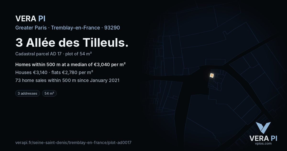 3 Allée des Tilleuls, Tremblay-en-France at night – the plot lit, the parcels around coloured by the prices near them