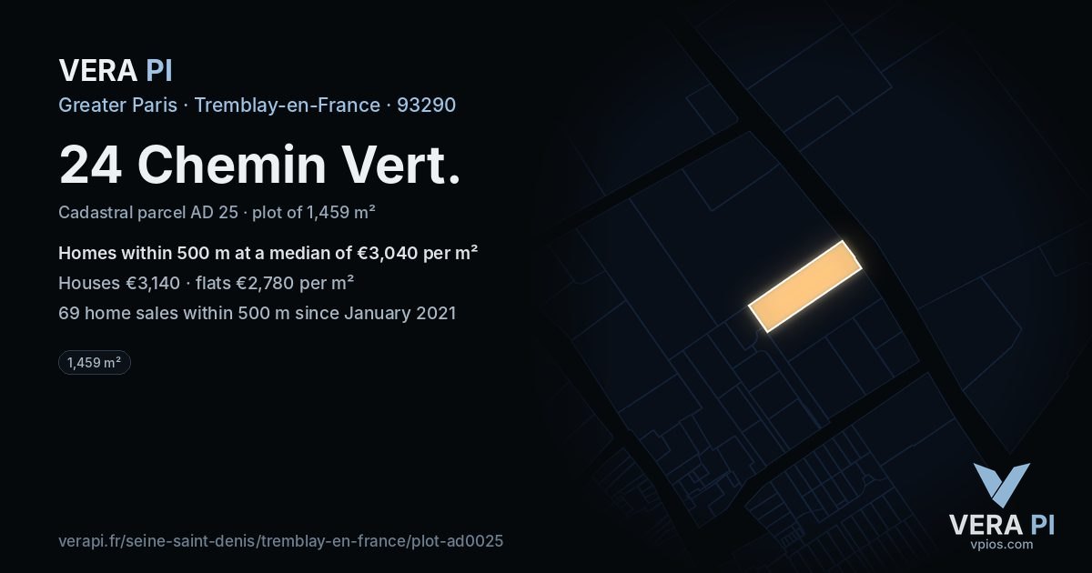 24 Chemin Vert, Tremblay-en-France at night – the plot lit, the parcels around coloured by the prices near them