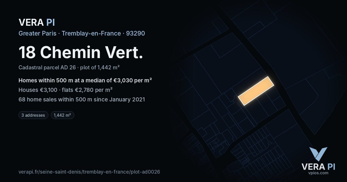 18 Chemin Vert, Tremblay-en-France at night – the plot lit, the parcels around coloured by the prices near them