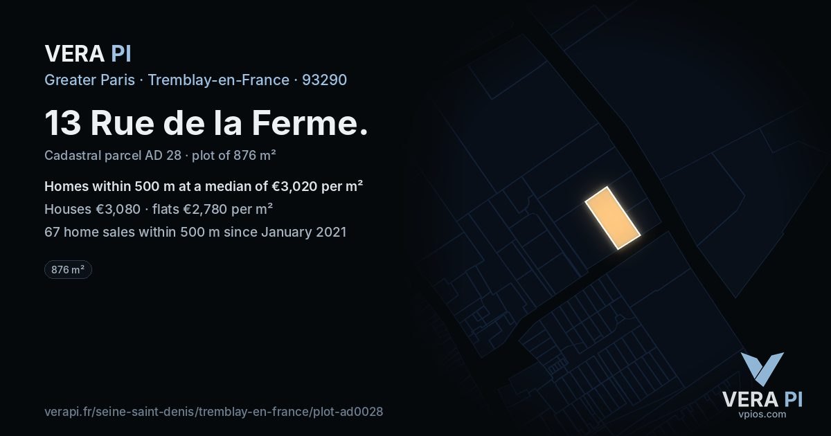 13 Rue de la Ferme, Tremblay-en-France at night – the plot lit, the parcels around coloured by the prices near them