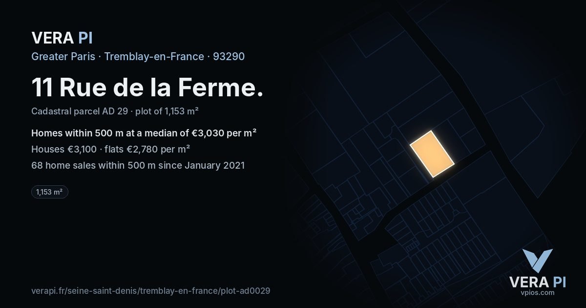 11 Rue de la Ferme, Tremblay-en-France at night – the plot lit, the parcels around coloured by the prices near them