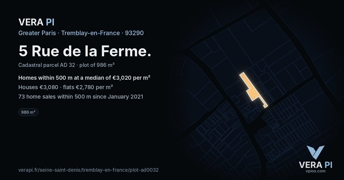5 Rue de la Ferme, Tremblay-en-France at night – the plot lit, the parcels around coloured by the prices near them