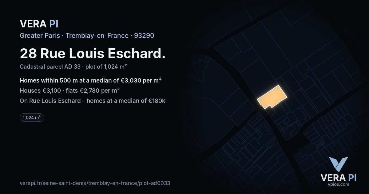 28 Rue Louis Eschard, Tremblay-en-France at night – the plot lit, the parcels around coloured by the prices near them