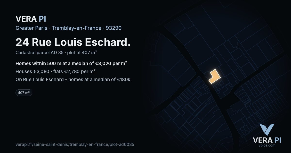 24 Rue Louis Eschard, Tremblay-en-France at night – the plot lit, the parcels around coloured by the prices near them