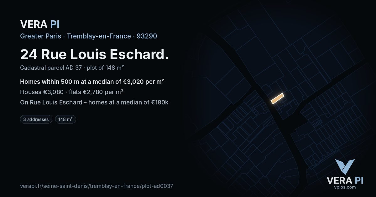 24 Rue Louis Eschard, Tremblay-en-France at night – the plot lit, the parcels around coloured by the prices near them