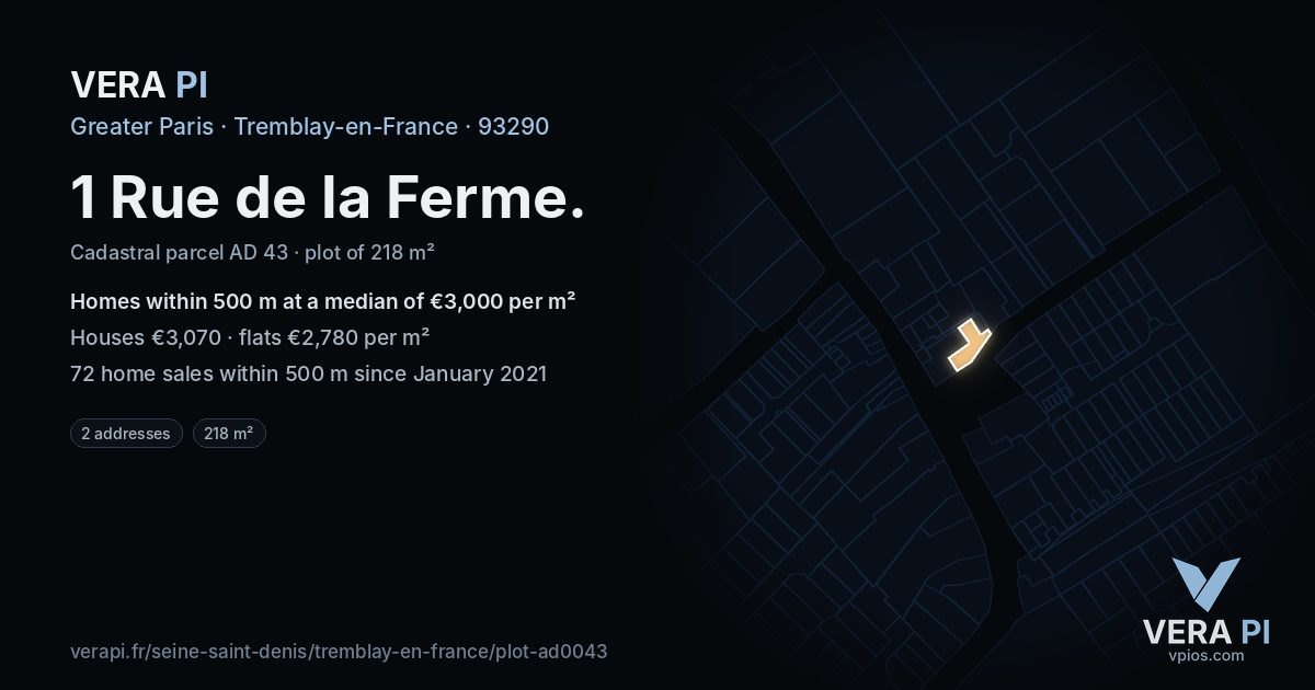 1 Rue de la Ferme, Tremblay-en-France at night – the plot lit, the parcels around coloured by the prices near them