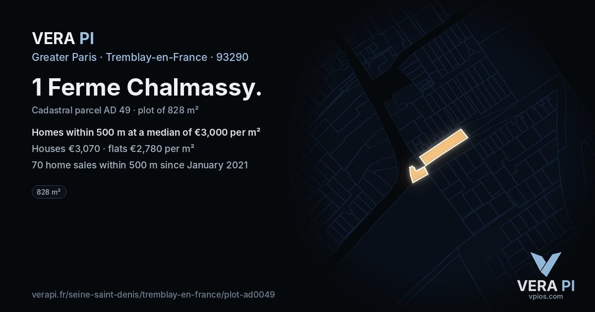 1 Ferme Chalmassy, Tremblay-en-France at night – the plot lit, the parcels around coloured by the prices near them