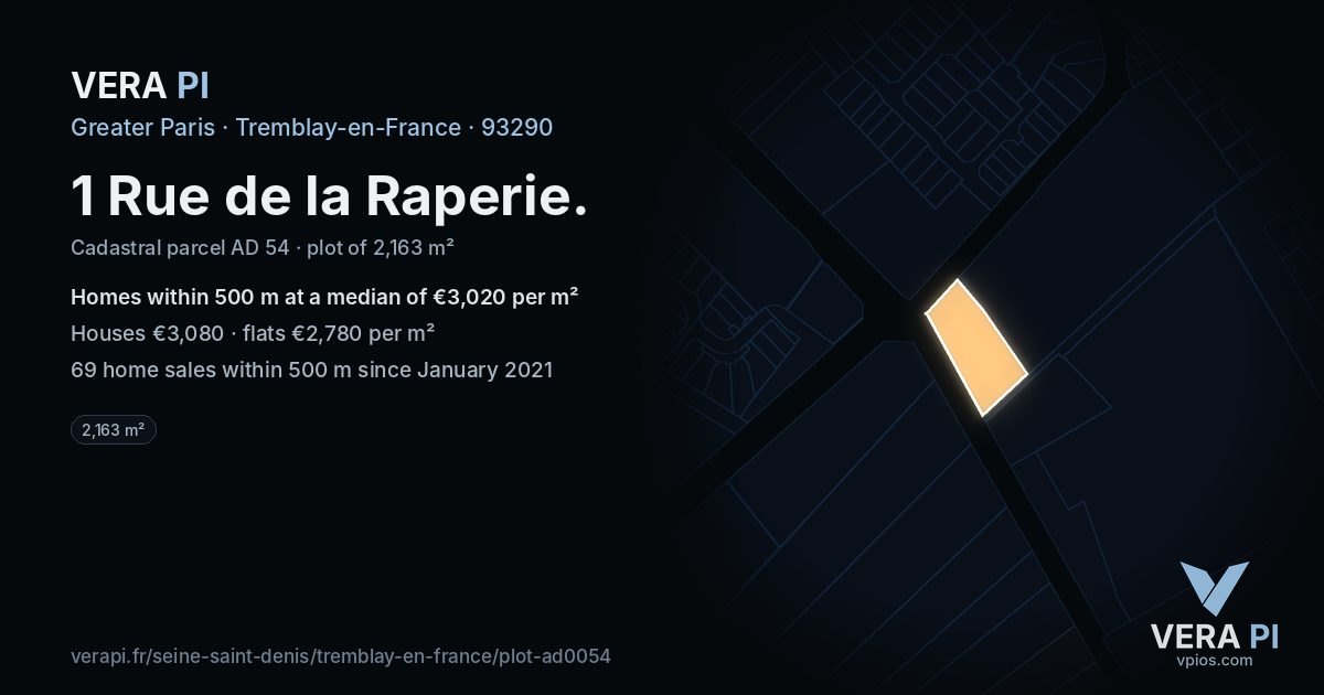 1 Rue de la Raperie, Tremblay-en-France at night – the plot lit, the parcels around coloured by the prices near them