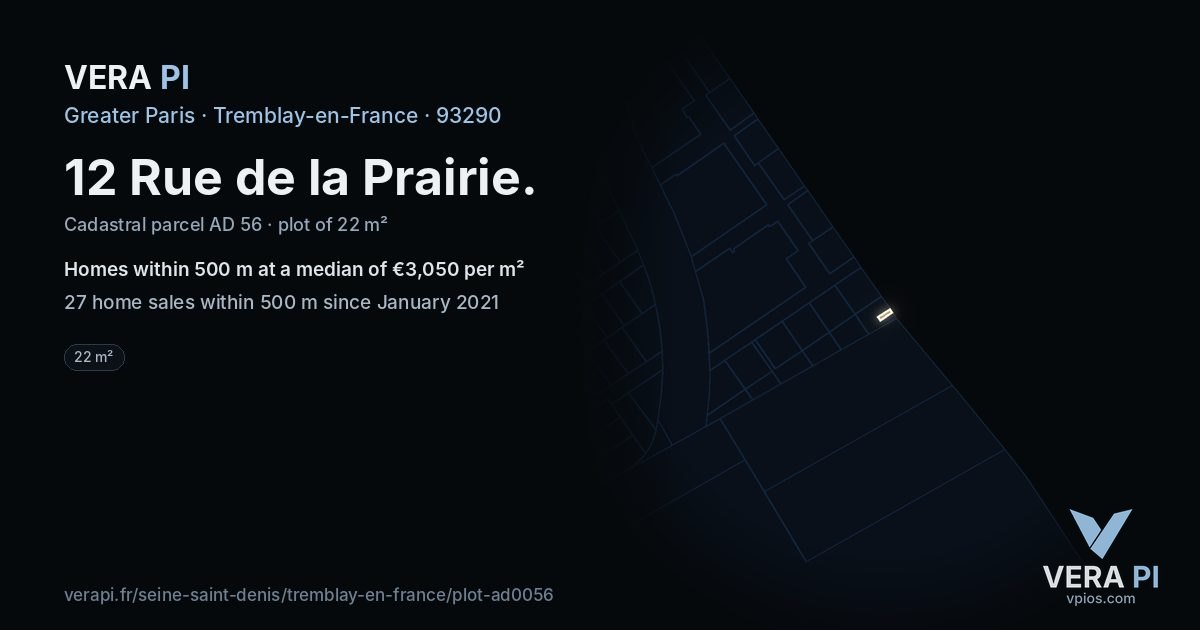 12 Rue de la Prairie, Tremblay-en-France at night – the plot lit, the parcels around coloured by the prices near them